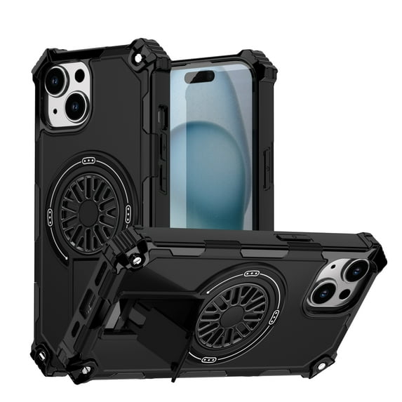 Allytechgroup Rugged Magnetic Case for Apple iPhone 15 Plus, Military-Grade Shockproof Phone Cover with Kickstand,Spinner Fidget Ring,Wireless Charging Support, Dual Layer PC+TPU Protection,Black