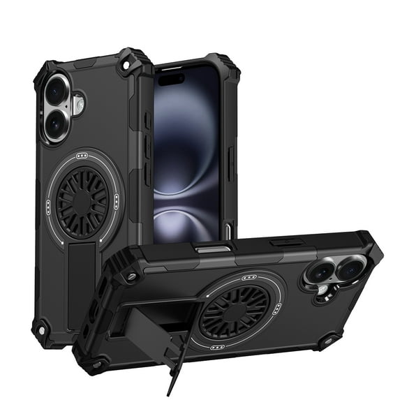 Allytechgroup Rugged Magnetic Case for Apple iPhone 16e, Military-Grade Shockproof Phone Cover with Kickstand,Spinner Fidget Ring,Wireless Charging Support, Dual Layer PC+TPU Protection,Black