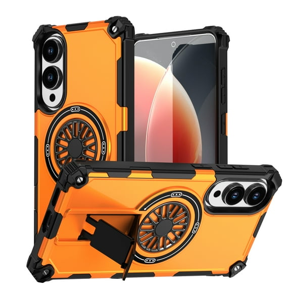 Allytechgroup Rugged Magnetic Case for Samsung Galaxy S25 Edge, Dual-Layer Shockproof Cover with Built-In Kickstand, MagSafe-Compatible, Rotating Ring Holder, Anti-Fall TPU + PC Back Case,Orange