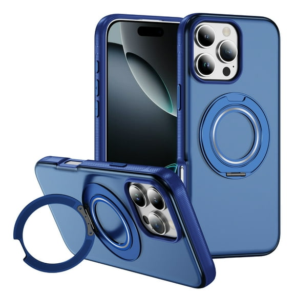 Allytechgroup Rugged Phone Case for Apple iPhone 16 Pro, [Compatible with Magsafe] Rotating Ring Kickstand Bracket Translucent Shockproof Anti-Scratch Bumper Cover Shell for Men Women, Blue