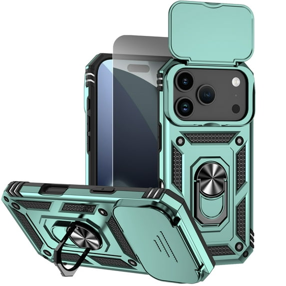 Allytechgroup Rugged Phone Case for Apple iPhone 17 with Anti-Spy Screen Protector, Military Grade Shockproof Camera Lens Cover Rotating Kicsktand Heat Dissipation Magnetic Cover,Green