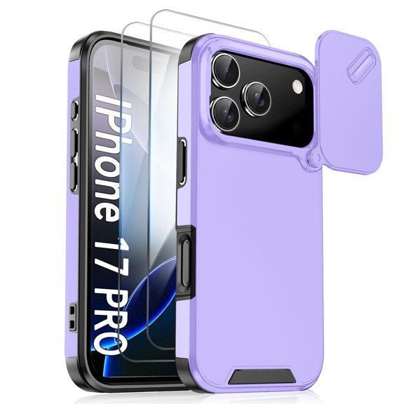 Allytechgroup Rugged Phone Case for Apple iPhone 17 Pro with 2 Pcs Screen Protector, Sliding Camera Lens Cover Military Grade Shockproof Anti-Scratch Bumper Cover for Women Men, Purple