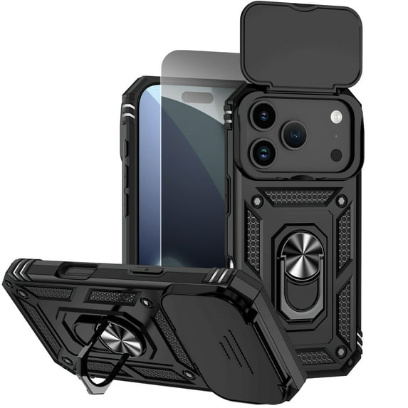Allytechgroup Rugged Phone Case for Apple iPhone 17 Pro with Anti-Spy Screen Protector, Military Grade Shockproof Camera Lens Cover Rotating Kicsktand Heat Dissipation Magnetic Cover,Black