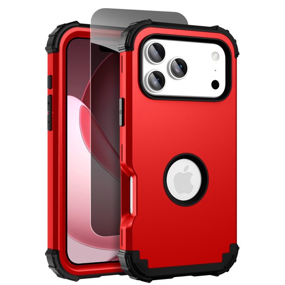 Allytechgroup Rugged Phone Case for Apple iPhone 17 Pro Max with 1 Pcs Anti-Spy Tempered Glass Screen Protector, Military Grade Shockproof Privacy Protection Cover for Women Men, Red