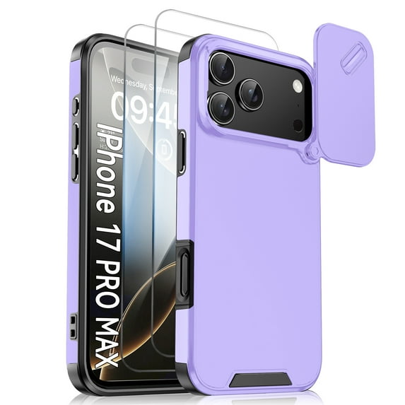 Allytechgroup Rugged Phone Case for Apple iPhone 17 Pro Max with 2 Pcs Screen Protector, Sliding Camera Lens Cover Military Grade Shockproof Anti-Scratch Bumper Cover for Women Men, Purple