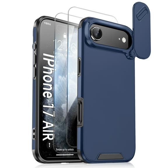 Allytechgroup Rugged Phone Case for Apple iPhone Air with 2 Pcs Screen Protector, Sliding Camera Lens Cover Military Grade Shockproof Anti-Scratch Bumper Cover for Women Men, Blue