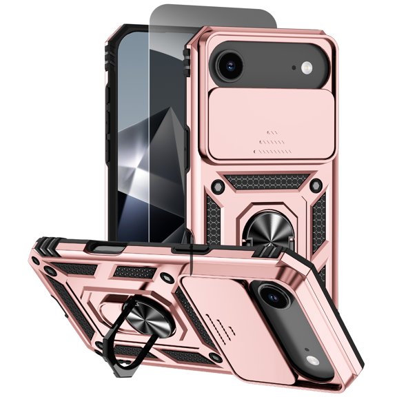 Allytechgroup Rugged Phone Case for Apple iPhone Air with Anti-Spy Screen Protector, Military Grade Shockproof Camera Lens Cover Rotating Kicsktand Heat Dissipation Magnetic Cover,Rosegold