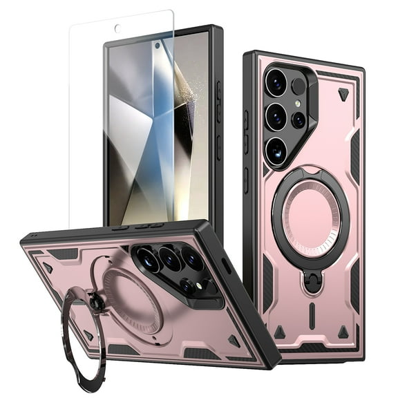 Allytechgroup Rugged Phone Case for Samsung Galaxy S25 Edge, Galaxy S25 Edge Case with Screen Protector, Ring Kickstand, Compatible with MagSafe, Military Grade Shockproof Cover, Rosegold