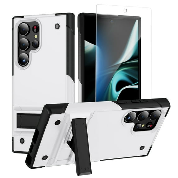 Allytechgroup Rugged Phone Case for Samsung Galaxy S25 Ultra, Full Body Protection with Screen Protector, Invisible Kickstand, Durable Galaxy S25 Ultra Case for Women Men, White