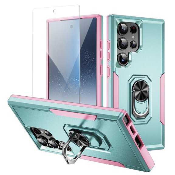 Allytechgroup Rugged Phone Case for Samsung Galaxy S25 Ultra, Military Grade Protection Galaxy S25 Ultra Case with Screen Protector, Shockproof TPU+PC Cover with Ring Kickstand for Women Men