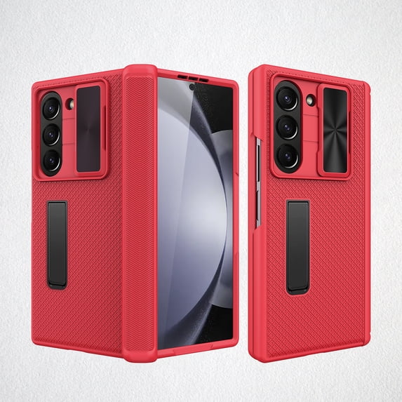 Allytechgroup Rugged Phone Case for Samsung Galaxy Z Fold 5, With Built-in Screen Protector, Invisible Kickstand, Shockproof, Bumper, Sliding Camera Lens Protector, Red