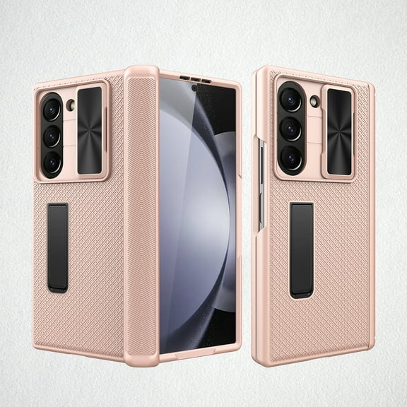 Allytechgroup Rugged Phone Case for Samsung Galaxy Z Fold 5, With Built-in Screen Protector, Invisible Kickstand, Shockproof, Bumper, Sliding Camera Lens Protector, Gold