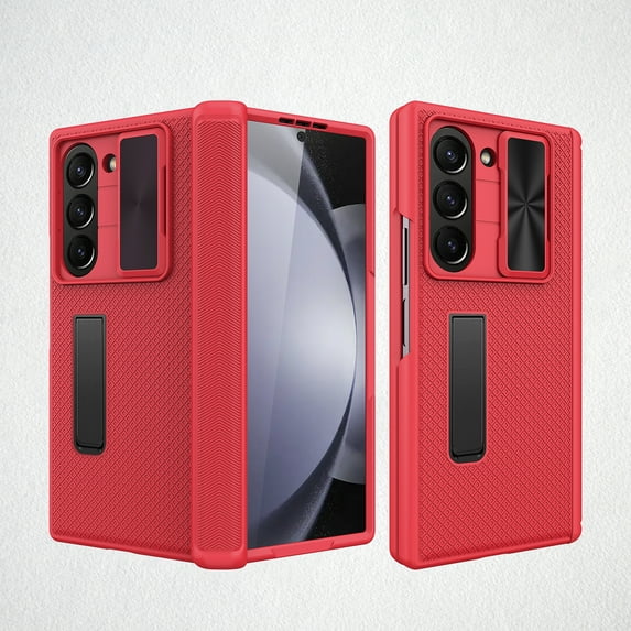 Allytechgroup Rugged Phone Case for Samsung Galaxy Z Fold 5, With Built-in Screen Protector, Invisible Kickstand, Shockproof, Bumper, Sliding Camera Lens Protector, Red