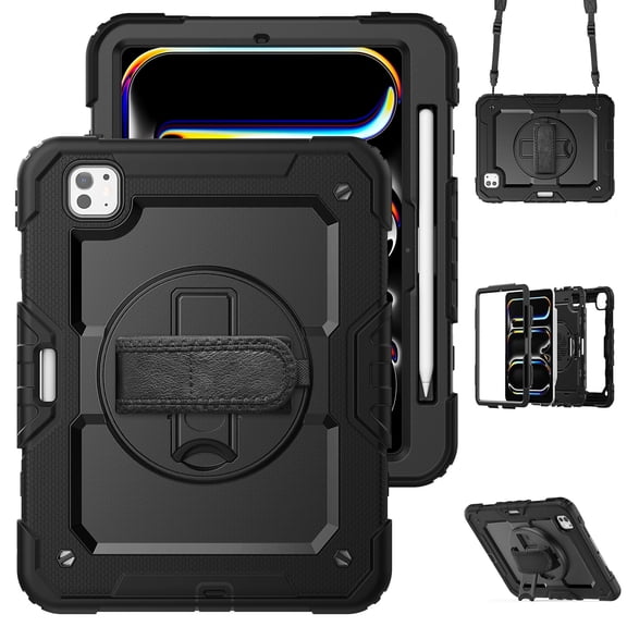 Rugged Shockproof Case for Apple iPad Air 11 Inch M4 M3 M2 2026/2025/2024, [Build in Screen Protector] Drop Proof Hand Strap Kickstand [Shoulder Strap] Pencil Holder Kids Friendly Case Cover