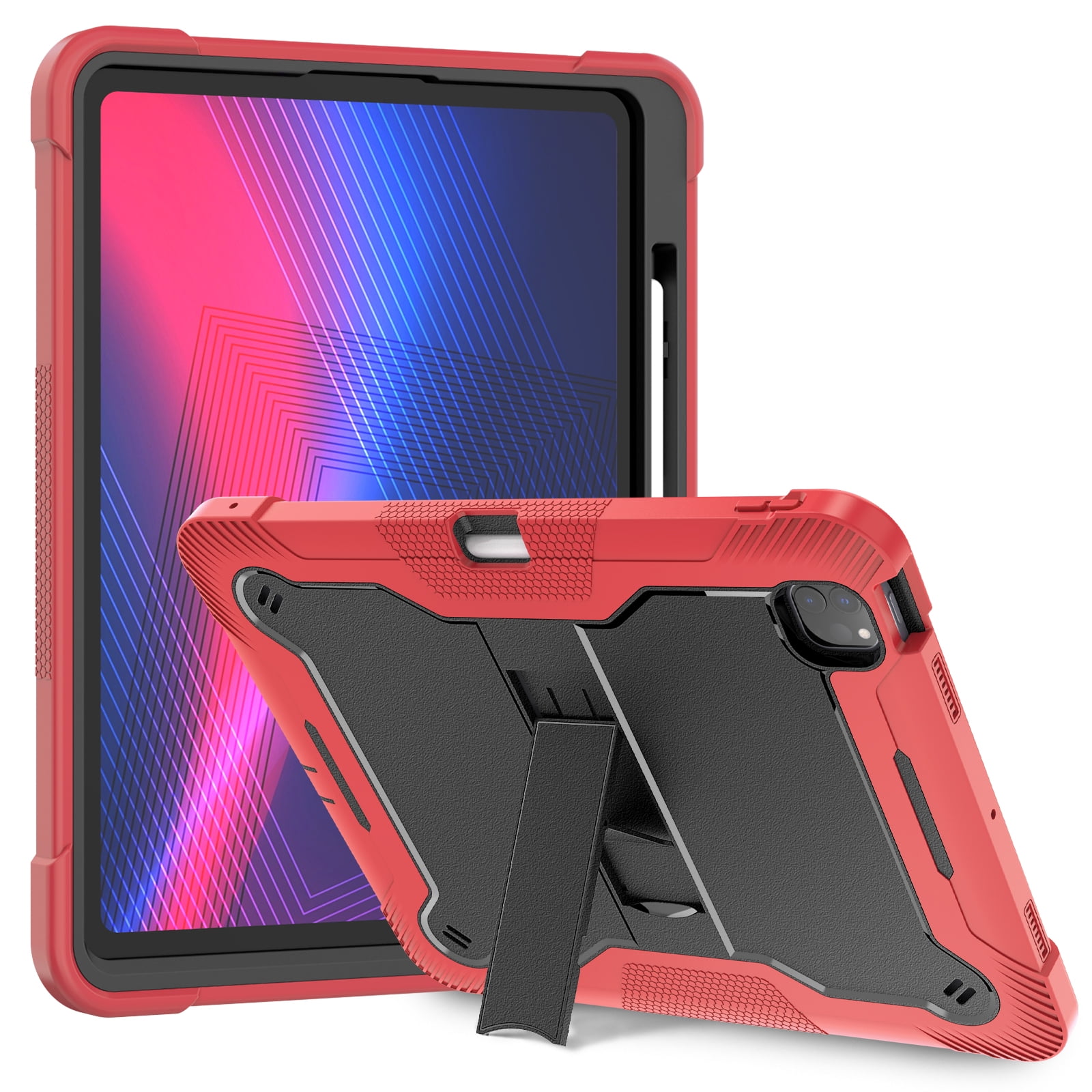 Allytechgroup Rugged Shockproof Case for Apple iPad Pro 13 M4 2024, Dual-Layers Kickstand Anti-Scratch Bumper With Pencil Holder Lightweight Kids Friendly Case Cover for iPad Pro 13" 2024, Red