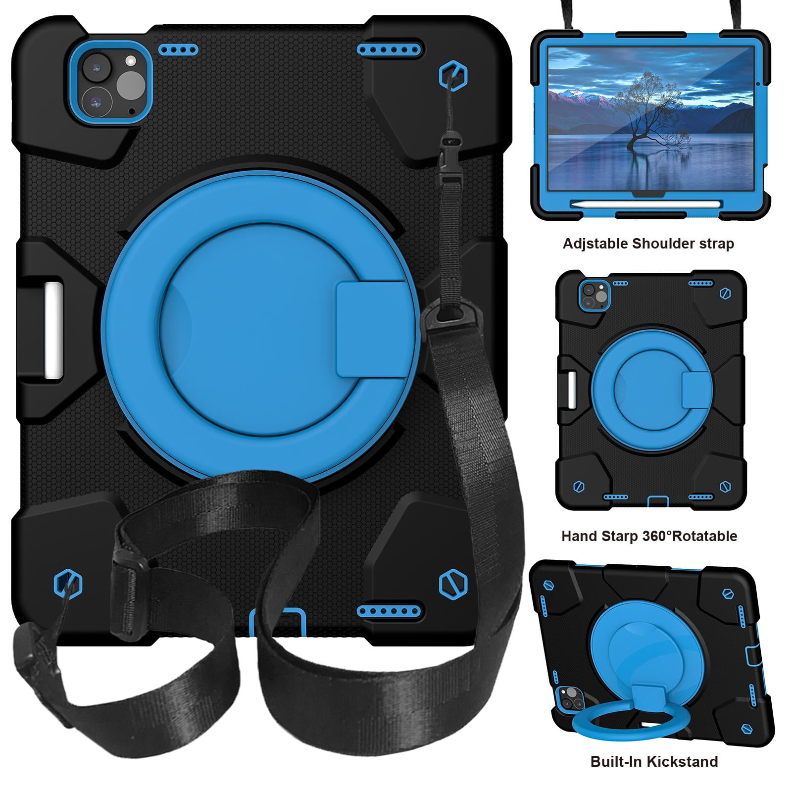 Allytechgroup Rugged Tablet Case for Apple iPad Air 11 Inch M3 2025/ iPad Air 11 Inch M2 2024, with Pencil Holder + Rotating Stand + Shoulder Strap Heavy Duty Protective Drop Proof Kids Friendly Cover