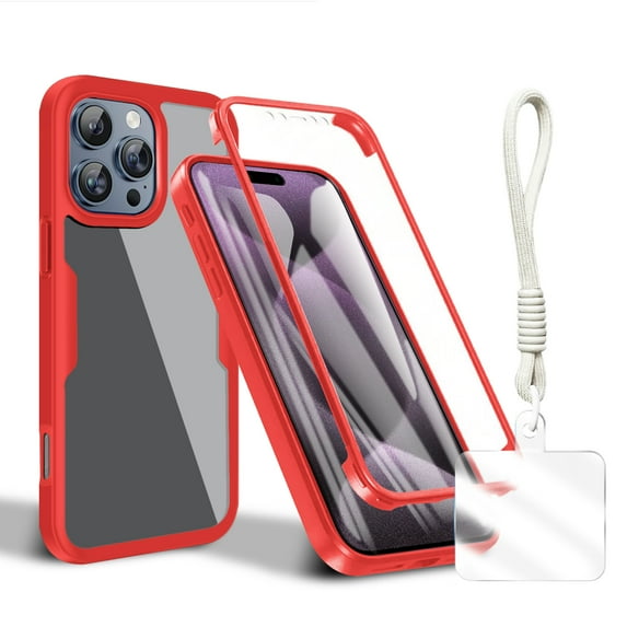 Allytechgroup Rugged iPhone 15 Pro Case with Built-in Screen Protector and Hand Strap, Full Body Shockproof Clear Cover for Apple iPhone 15 Pro, Anti-Scratch Protective iPhone 15 Pro Case,Red