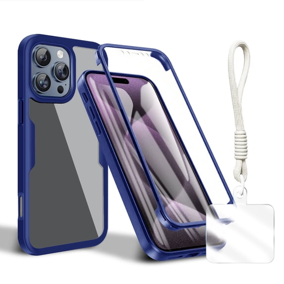 Allytechgroup Rugged iPhone 15 Pro Case with Built-in Screen Protector and Hand Strap, Full Body Shockproof Clear Cover for Apple iPhone 15 Pro, Anti-Scratch Protective iPhone 15 Pro Case,Blue