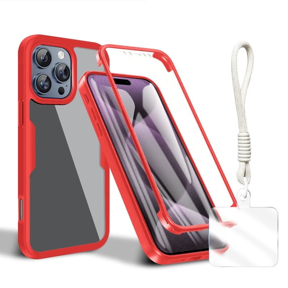 Allytechgroup Rugged iPhone 16 Pro Case with Built-in Screen Protector and Hand Strap, Full Body Shockproof Clear Cover for Apple iPhone 16 Pro, Anti-Scratch Protective iPhone 16 Pro Case,Red