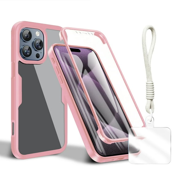 Allytechgroup Rugged iPhone 16 Pro Case with Built-in Screen Protector and Hand Strap, Full Body Shockproof Clear Cover for Apple iPhone 16 Pro, Anti-Scratch Protective iPhone 16 Pro Case,Pink