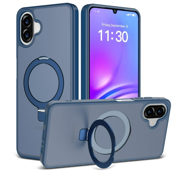 Allytechgroup for Samsung Galaxy A06 Case, with Kickstand Shock-Absorbent Anti-Fingerprint Anti-Scratch Non-Slip Matte Protective Basic PC+TPU Metal Wireless Charging Cover for Women Men, Blue