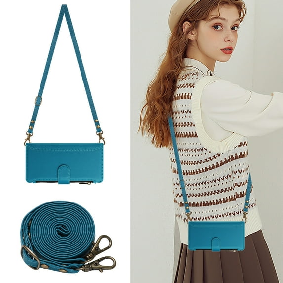 Allytechgroup for Samsung Galaxy A06 Case, Support Wireless Charging PU Leather Shell with Credit Card Slots Shoulder Strap Shockproof Full Body Cover Bumper for Women Girls, Blue