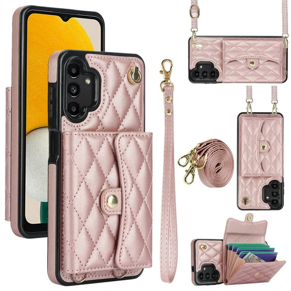 Allytechgroup for Samsung Galaxy A13 4G Wallet Case with 5 Cards Holders, Detachable Hand Strap & Shoulder Lanyard RFID Blocking Shockproof Protective Phone Case for Girls Women, Rosegold
