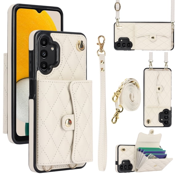 Allytechgroup for Samsung Galaxy A13 4G Wallet Case with 5 Cards Holders, Detachable Hand Strap & Shoulder Lanyard RFID Blocking Shockproof Protective Phone Case for Girls Women, White