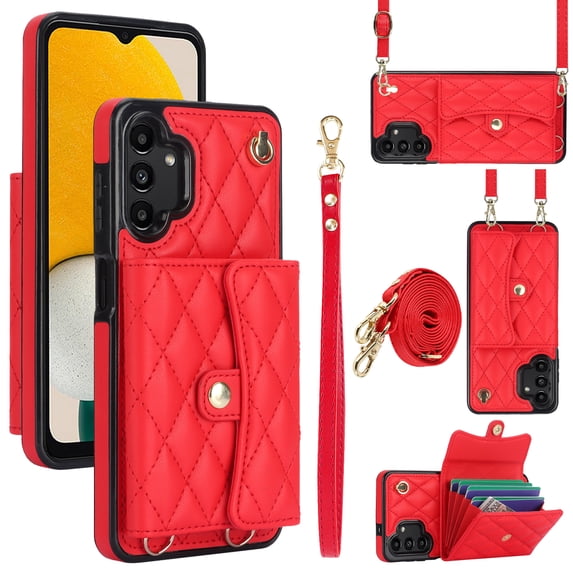 Allytechgroup for Samsung Galaxy A13 4G Wallet Case with 5 Cards Holders, Detachable Hand Strap & Shoulder Lanyard RFID Blocking Shockproof Protective Phone Case for Girls Women, Red