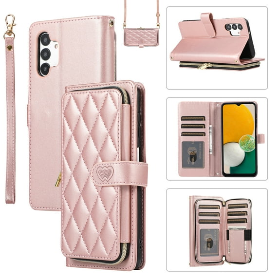 Allytechgroup for Samsung Galaxy A13 4G Wallet Case, Premium PU Leather Magnetic Buckle Zipper Pocket Card Slots Flip Stand Protective Cover with Hand Strap & Shoulder Strap - Rosegold