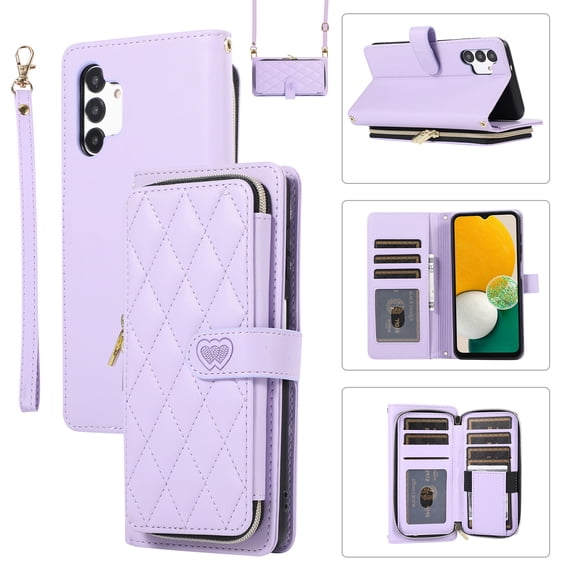 Allytechgroup for Samsung Galaxy A13 4G Wallet Case, Premium PU Leather Magnetic Buckle Zipper Pocket Card Slots Flip Stand Protective Cover with Hand Strap & Shoulder Strap - Purple