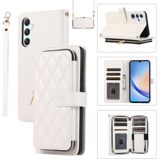 Allytechgroup for Samsung Galaxy A14 5G Wallet Case, Premium PU Leather Magnetic Buckle Zipper Pocket Card Slots Flip Stand Protective Cover with Hand Strap & Shoulder Strap - White