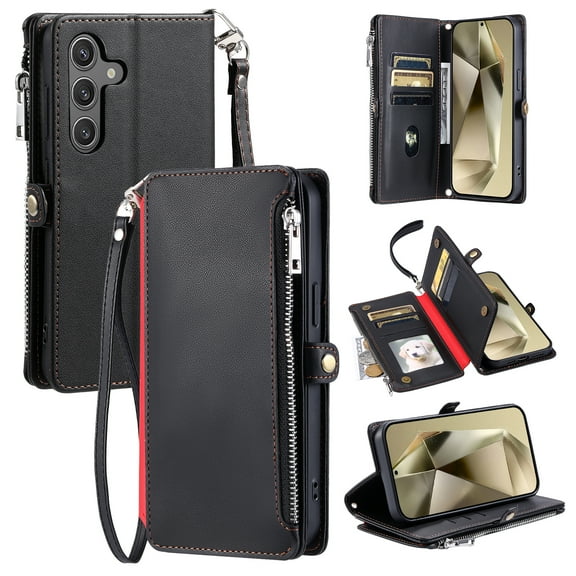 Allytechgroup for Samsung Galaxy A16 5G Wallet Case with Card Slot, RFID Blocking PU Leather Flip Stand Phone Case with Lanyard Shoulder Strap for Shockproof Protective Bumper, Black