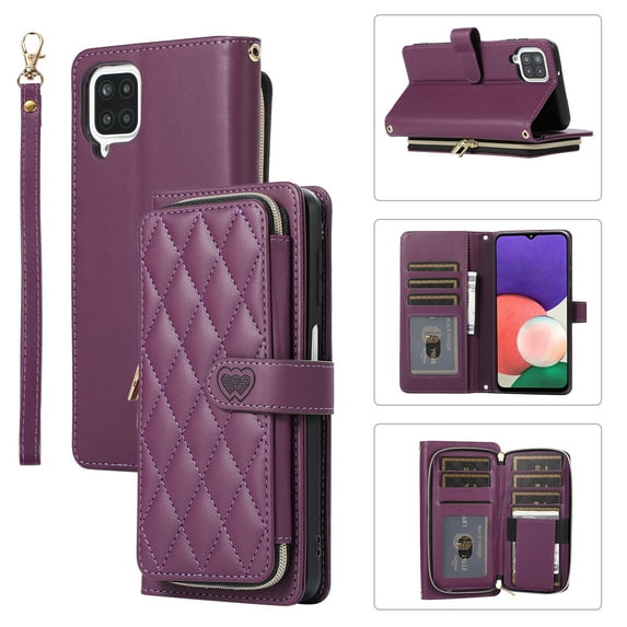 Allytechgroup for Samsung Galaxy A22 4G Wallet Case, Premium PU Leather Magnetic Buckle Zipper Pocket Card Slots Flip Stand Protective Cover with Hand Strap & Shoulder Strap - Darkpurple