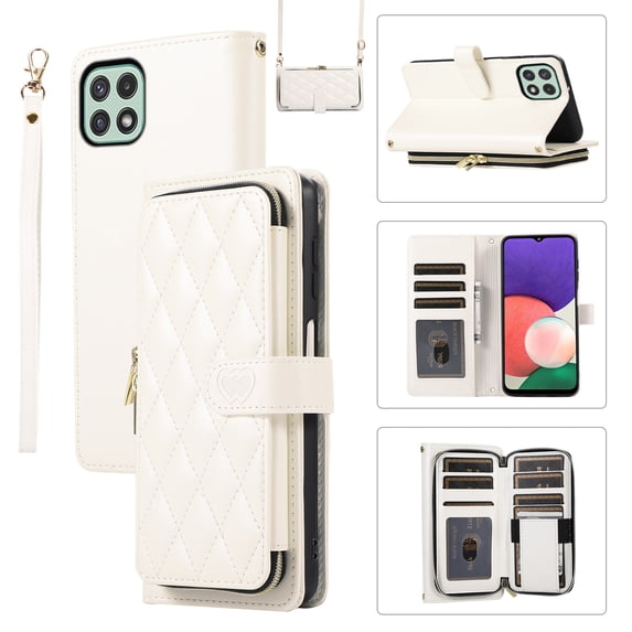 Allytechgroup for Samsung Galaxy A22 5G Wallet Case, Premium PU Leather Magnetic Buckle Zipper Pocket Card Slots Flip Stand Protective Cover with Hand Strap & Shoulder Strap - White