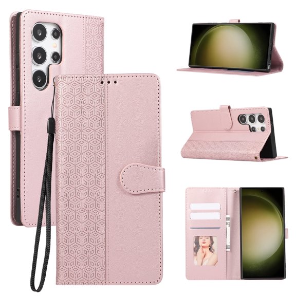 Allytechgroup for Samsung Galaxy A24 4G Wallet Case, Stylish Phone Case with Card Slots RFID Blocking Flip Stand PU Leather Shockproof Convenient Hand Wrist Case Cover for Galaxy A24 4G,Rosegold