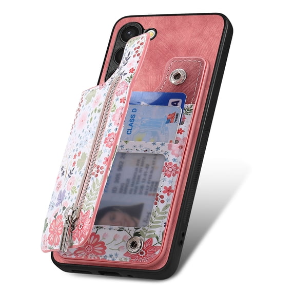 Allytechgroup for Samsung Galaxy A25 5G Case with Card Holder, Floral Series Coin Zipper Pocket Compatible with Car Mount Stand Back Cover Wallet Phone Case for Samsung Galaxy A25 5G, Pink