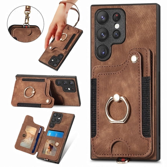 Allytechgroup for Samsung Galaxy A25 5G Case Wallet, RFID Blocking Multiple Cards Slots Ring Holder Stand Shockproof Protective Hand Wrist Wallet Case Cover for Samsung Galaxy A25 5G, Brown