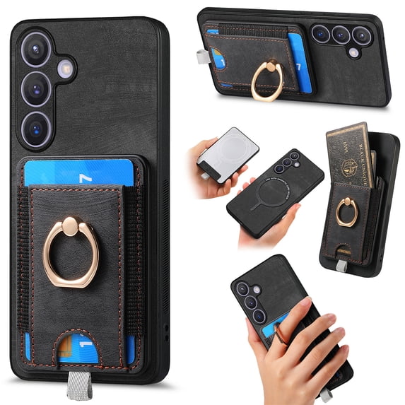 Allytechgroup for Samsung Galaxy A26 5G 2 in 1 Detachable Wallet Case, Retro PU Leather Ring Kickstand Card Slots Case for Women Men, Strong Magnetic Shockproof Anti-Scratch Slim Case, Black