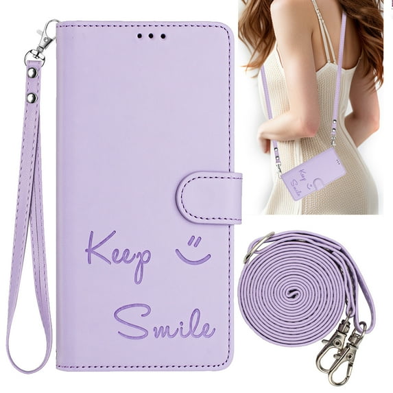 Allytechgroup for Samsung Galaxy A26 5G Wallet Case, Flip Cover with Hand Strap & Crossbody Lanyard, Card Holder, Protective Smile Design Phone Case Cover for Samsung Galaxy A26 5G,Purple