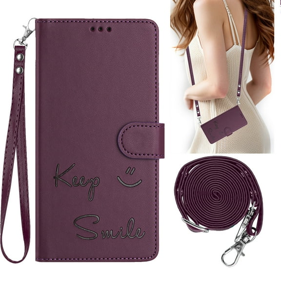 Allytechgroup for Samsung Galaxy A26 5G Wallet Case, Flip Cover with Hand Strap & Crossbody Lanyard, Card Holder, Protective Smile Design Phone Case Cover for Samsung Galaxy A26 5G,Darkpurple