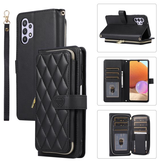 Allytechgroup for Samsung Galaxy A32 4G Wallet Case, Premium PU Leather Magnetic Buckle Zipper Pocket Card Slots Flip Stand Protective Cover with Hand Strap & Shoulder Strap - Black