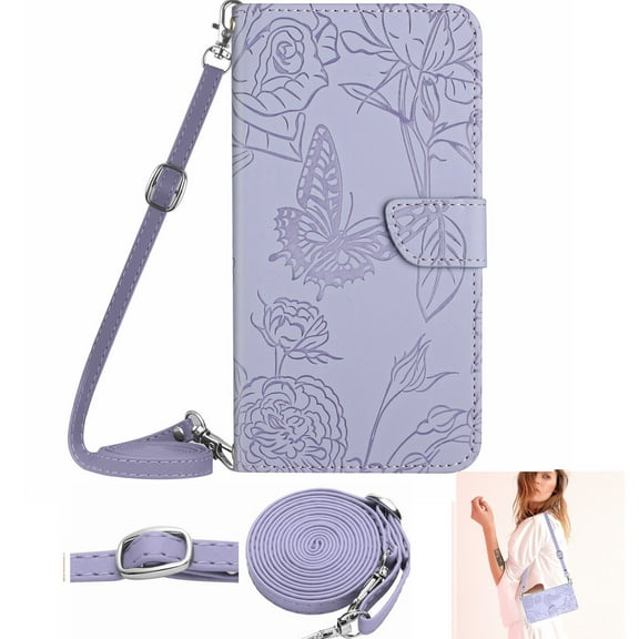 Allytechgroup for Samsung Galaxy A36 5G Case with Lanyard, Crossbody Shoulder Strap Hand Wrist Cards Holder Stand Flip Cover with Mangetic Closure Shockproof Back Cover for Women Girls, Purple