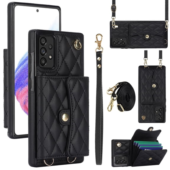 Allytechgroup for Samsung Galaxy A53 5G Wallet Case with 5 Cards Holders, Detachable Hand Strap & Shoulder Lanyard RFID Blocking Shockproof Protective Phone Case for Girls Women, Black