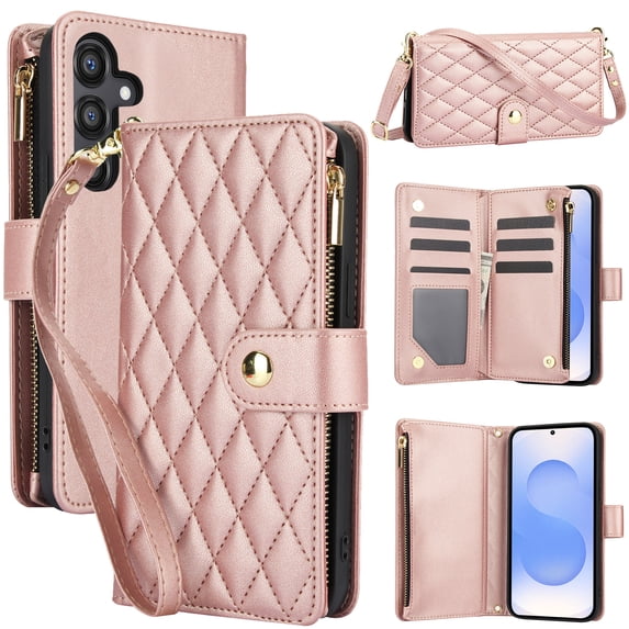 Allytechgroup for Samsung Galaxy A56 5G Case, Multifunctional Phone Case for Samsung Galaxy A56 5G with Wallet, Card Holder, RFID Blocking, Crossbody Strap & Stand Feature, Rosegold