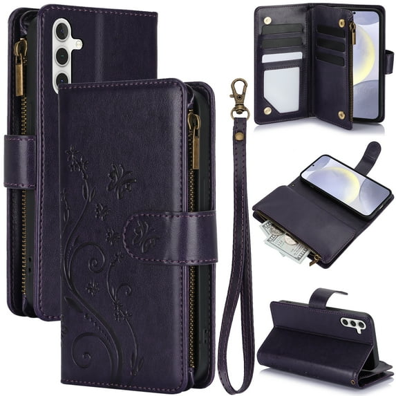 Allytechgroup for Samsung Galaxy A56 5G Case, PU Leather Phone Case for Samsung Galaxy A56 5G with Stylish Pattern Zipper Pocket Card Slots Hand Strap & Flip Stand Cover, Darkpurple