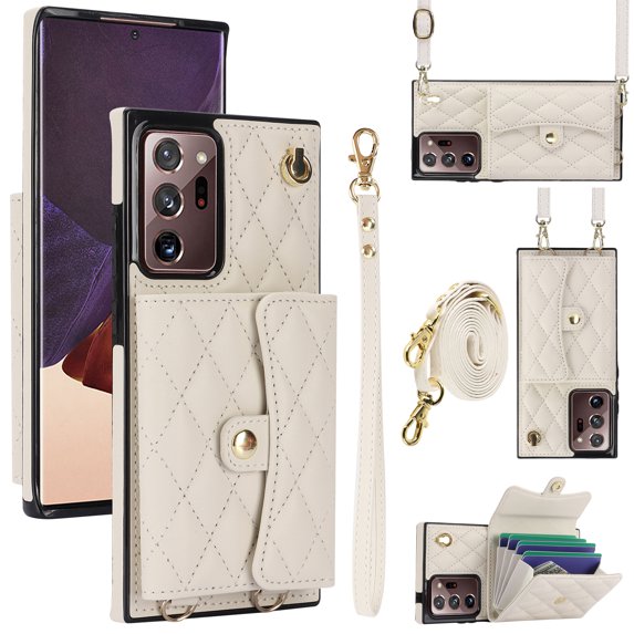 Allytechgroup for Samsung Galaxy Note 20 Ultra Wallet Case with 5 Cards Holders, Detachable Hand Strap & Shoulder Lanyard RFID Blocking Shockproof Protective Phone Case for Girls Women, White