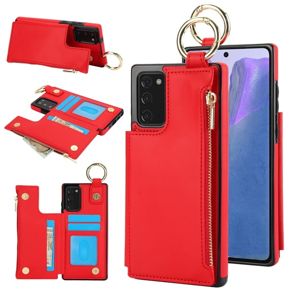 Allytechgroup for Samsung Galaxy Note 20 Wallet Case, Zipper Pocket Cards Holder RFID Blocking Ring Holder Stand Bumper Shockproof PU Leather Retro Phone Case for Samsung Galaxy Note 20, Red