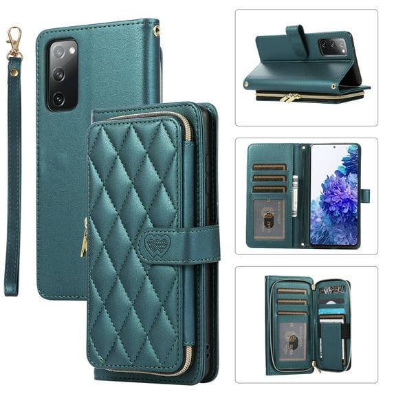 Allytechgroup for Samsung Galaxy S20 FE Wallet Case, Premium PU Leather Magnetic Buckle Zipper Pocket Card Slots Flip Stand Protective Cover with Hand Strap &Shoulder Strap - Darkgreen