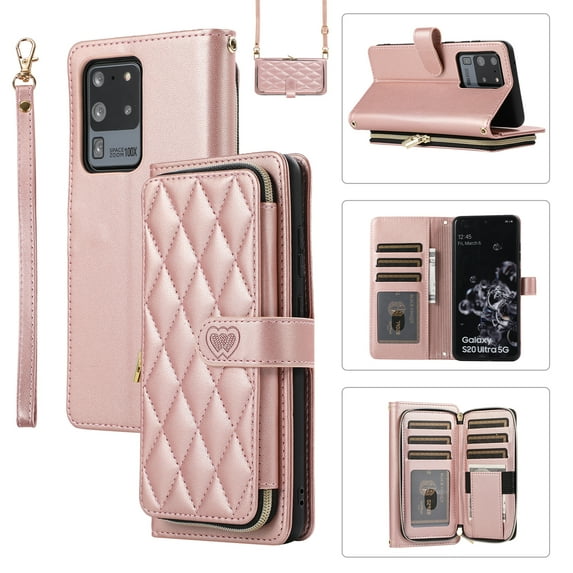 Allytechgroup for Samsung Galaxy S20 Ultra Wallet Case, Premium PU Leather Magnetic Buckle Zipper Pocket Card Slots Flip Stand Protective Cover with Hand Strap & Shoulder Strap - Rosegold